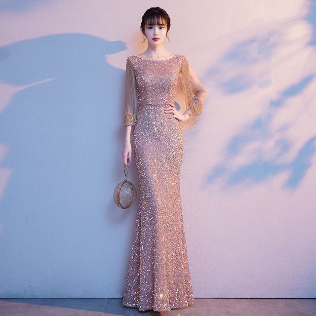 Evening Mermaid Puff-Sleeve Gown Sequined Rhinestone