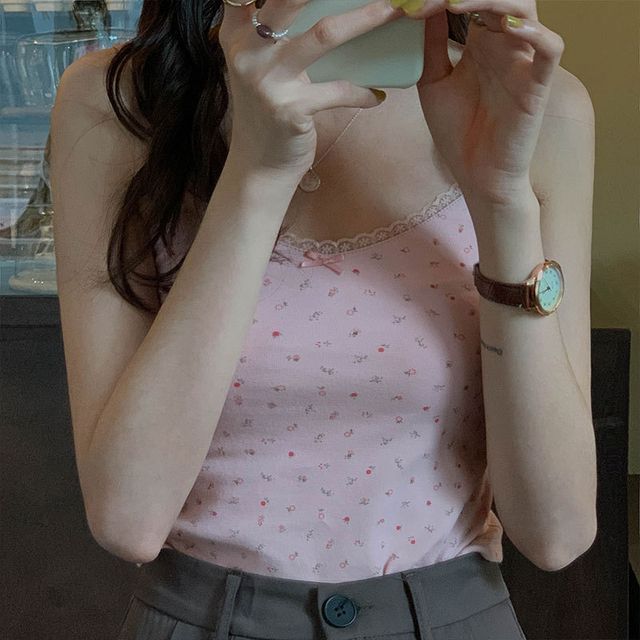 Lace Camisole Top Trim Print Crop Floral