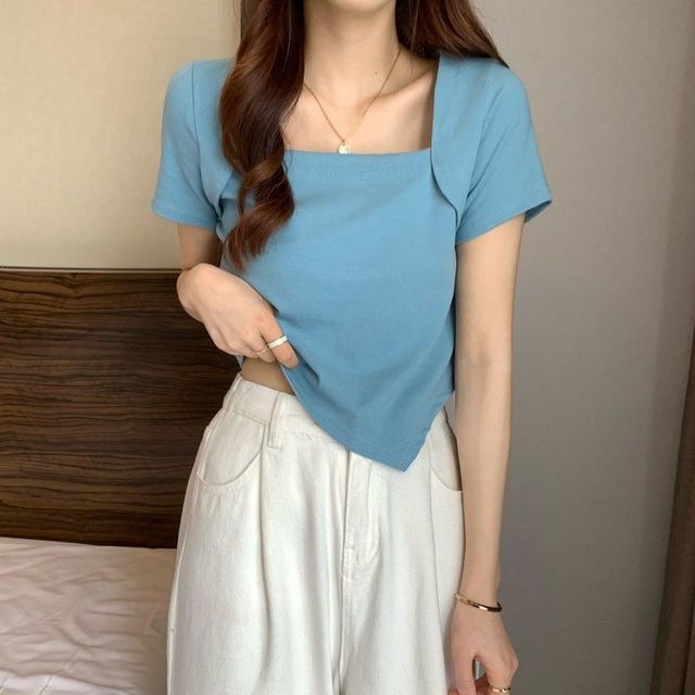 T-Shirt Square Cropped Neck Short-Sleeve Irregular