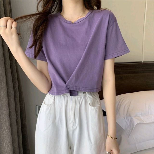 Plain Round Buttoned Neck Tee Short-Sleeve