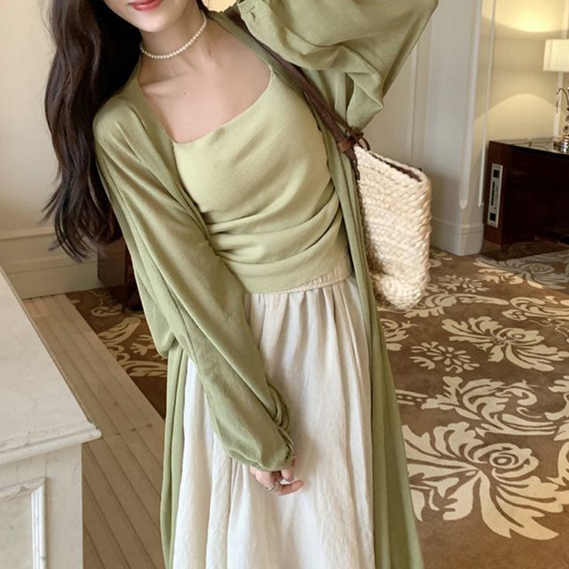 Front Midi Plain Cardigan Open