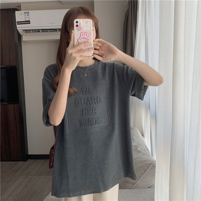 Neck Embossed Lettering Oversized Elbow-Sleeve Tee Crew Plain