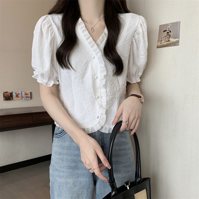 Frill Blouse V-Neck Jacquard Short-Sleeve