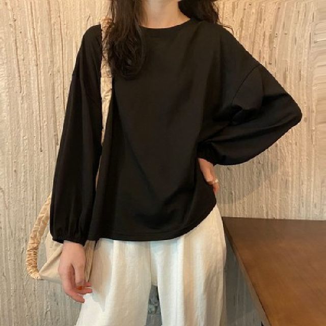 Round Sleeve Balloon Neck Tee Plain