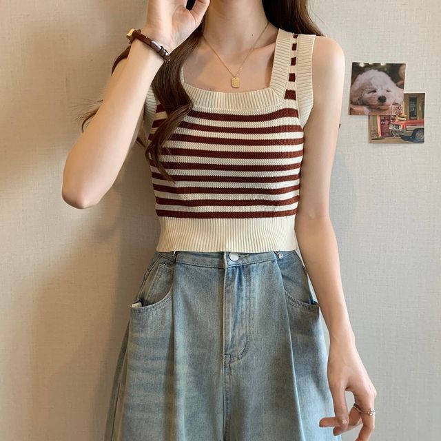 Neck Top Striped Square Crop Tank