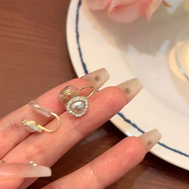 Rhinestone / Earring Heart Clip-On Stud Pearl Faux