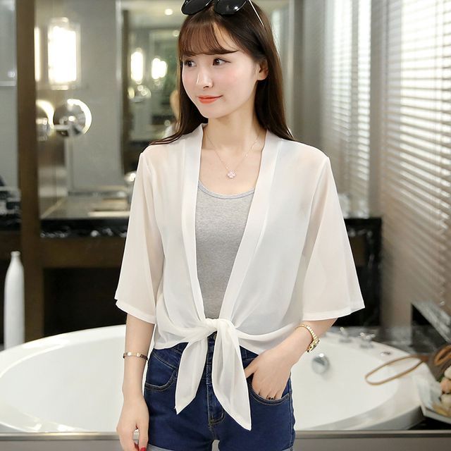 Tie Front Elbow-Sleeve Plain Chiffon Jacket Crop