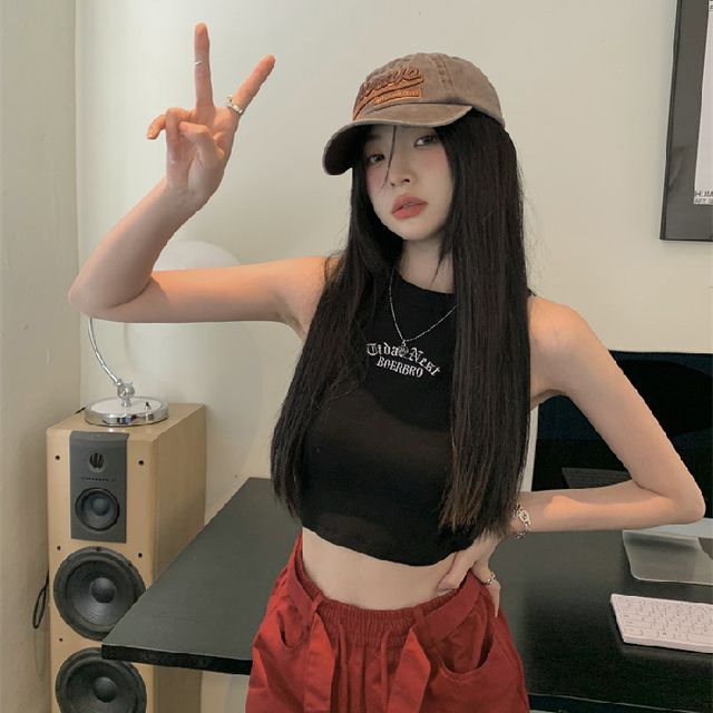 Neck Letter Tank Embroidered Crew Crop Top