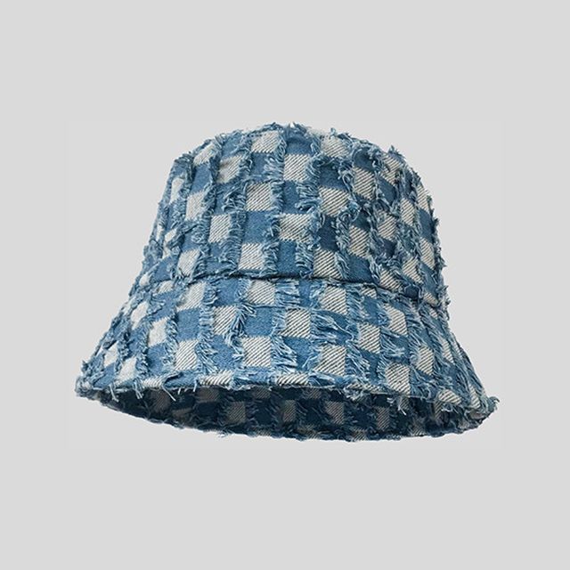 Hat Denim Checker Bucket Fringed