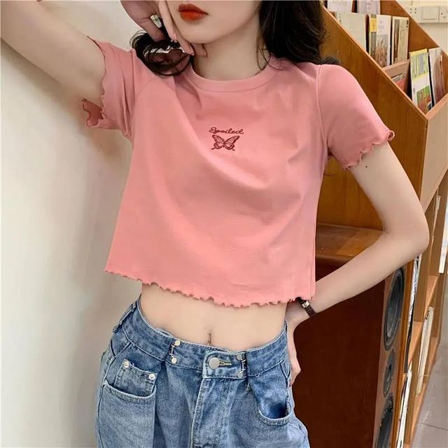 Lettuce Short-Sleeve Neck Crew T-Shirt Butterfly Embroidered Crop Edge