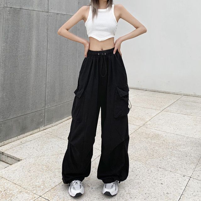Wide Cargo Leg Drawstring Waist Plain Pants