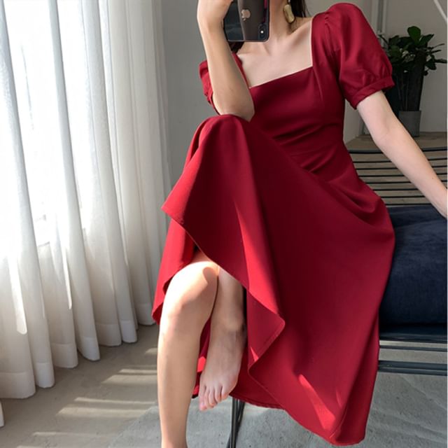 Neck Dress Short-Sleeve Square A-Line Plain Midi