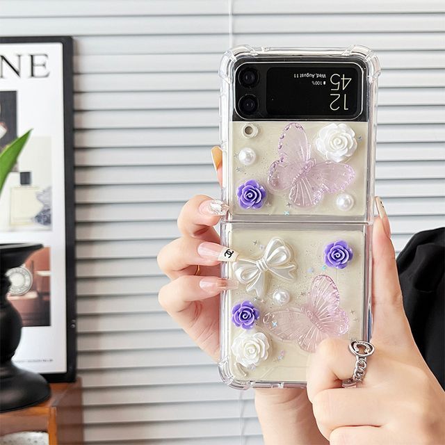 Phone Floral Case Faux Pearl Butterfly