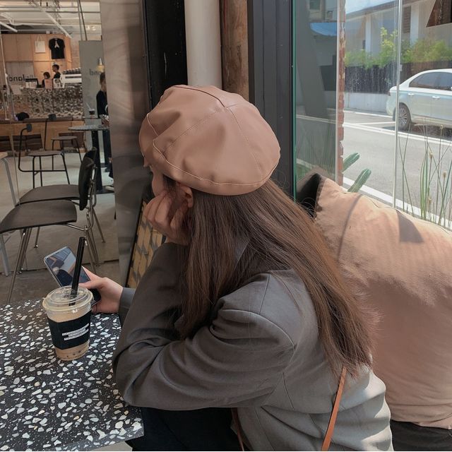 Leather Beret Buckled Faux