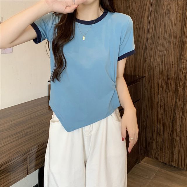 Asymmetrical Neck Contrast Short-Sleeve Plain Trim Tee Crew