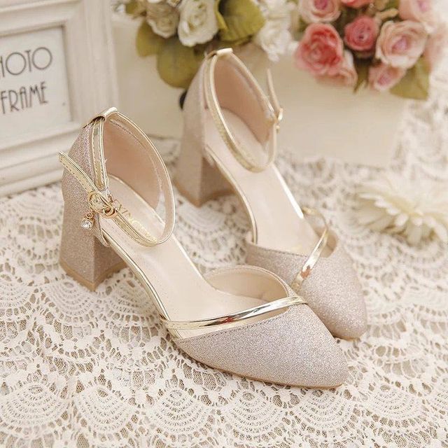 Glitter Strap Pointed Ankle Heel Pumps Toe Block D'Orsay