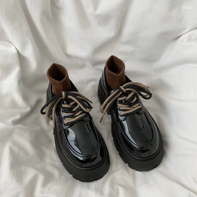 Faux Platform Leather Shoes Lace-Up