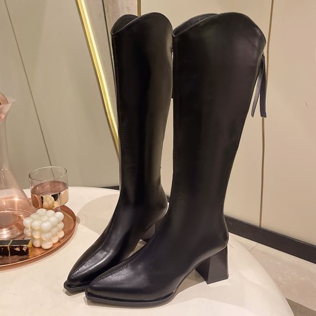 Boots Pointy Heel Faux Tall Leather Chunky