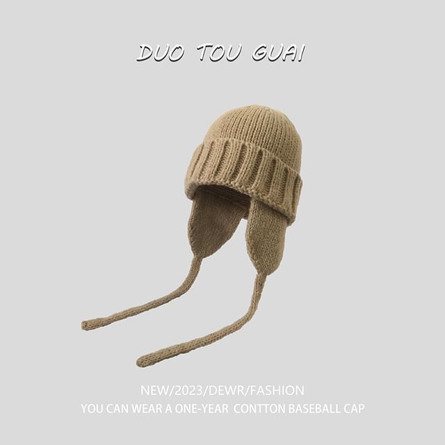Plain Ear Flap Beanie with Knit