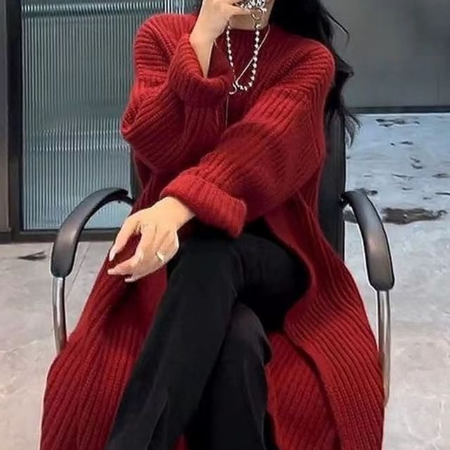 Neck Sweater Crew Slit Midi Dress Plain