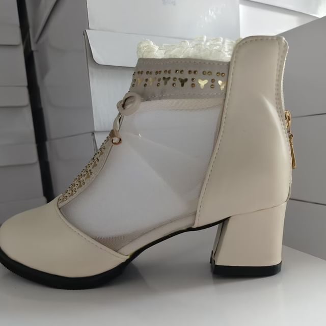Heel Lace Boots Ankle Mesh Pointed Panel Trim Chunky