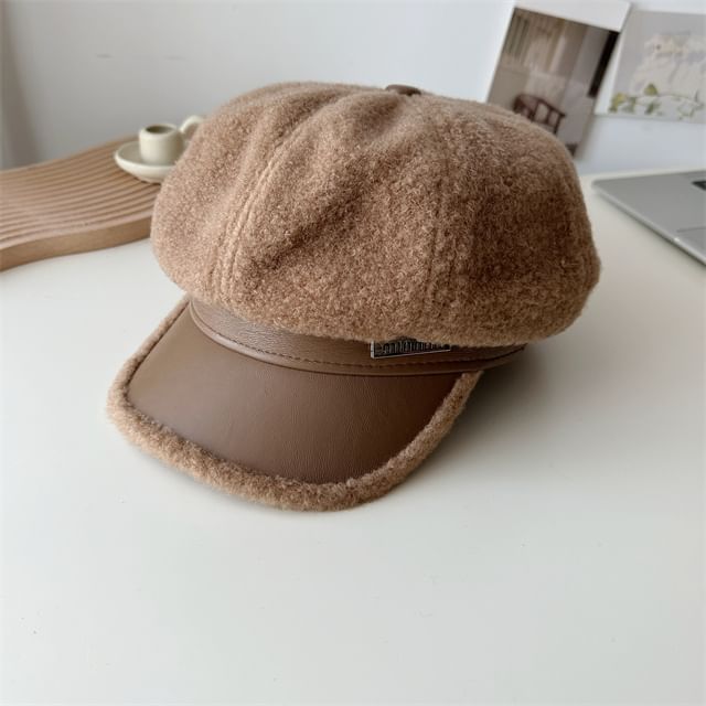 Fleece Newsboy Cap Leather Faux Panel