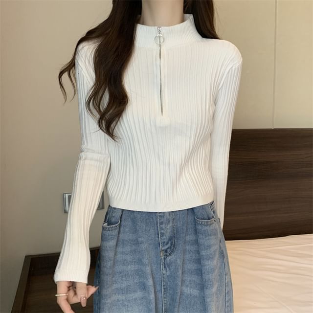 Long-Sleeve Plain Slim-Fit Knit Mock-Neck Half Zip Top