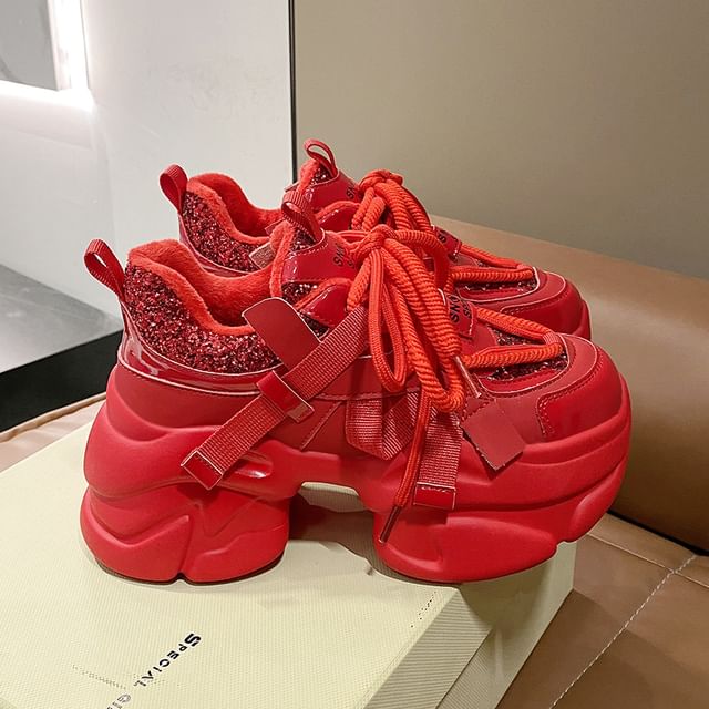 Sequined Platform Sneakers Heel Chunky