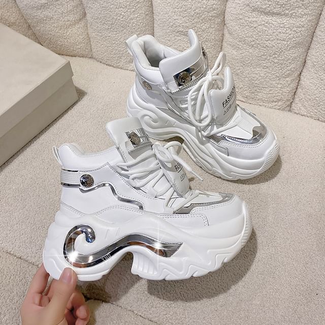 Top Leather Faux Metallic Sneakers High Panel Lace-Up Platform