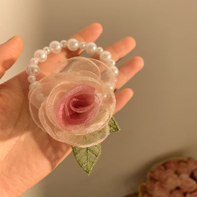 Mesh Designs) Scrunchie Hair (Various Tie Clip Pearl / Faux Rose