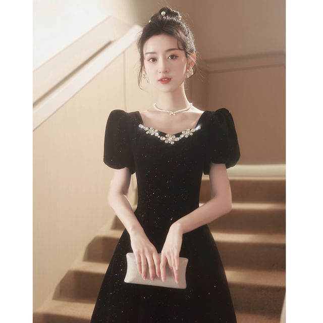 Glitter A-Line Velvet Puff-Sleeve Bow Rhinestone Back (Various Gown Designs) Evening