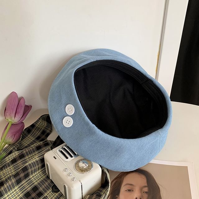 Button Washed Denim Beret Accent