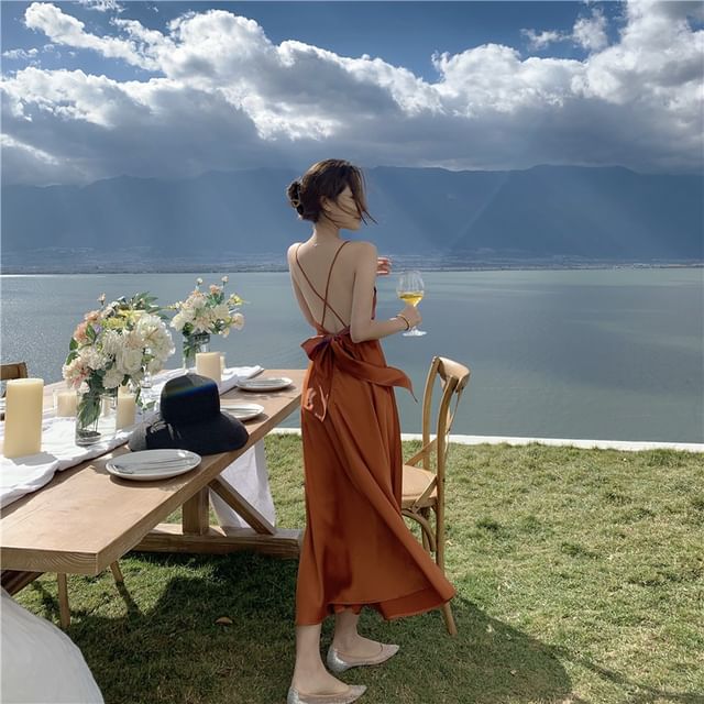 Plain Maxi V-Neck Strap Spaghetti Dress A-Line