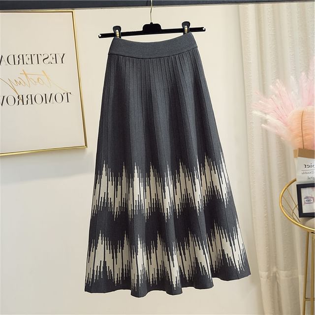 Midi Printed High A-Line Waist Skirt Knit