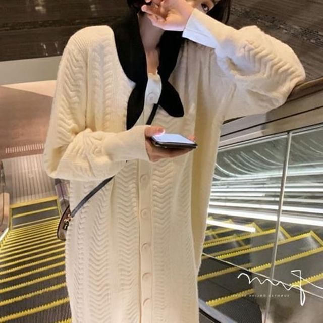 Button-Up Dress Plain Tie-Neck Knit Midi Puff-Sleeve