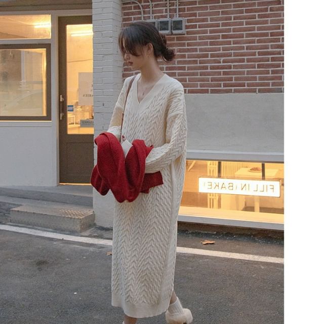 V-Neck Long-Sleeve Plain Midi Dress Sweater