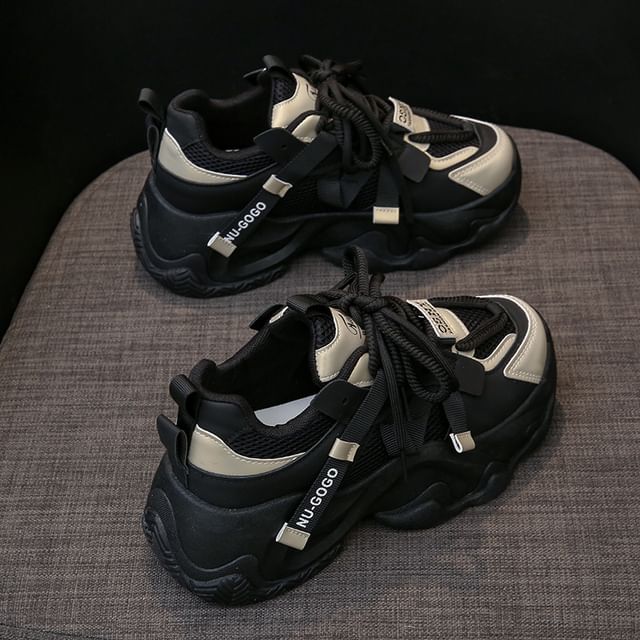 Platform Panel Lace-Up Mesh Sneakers