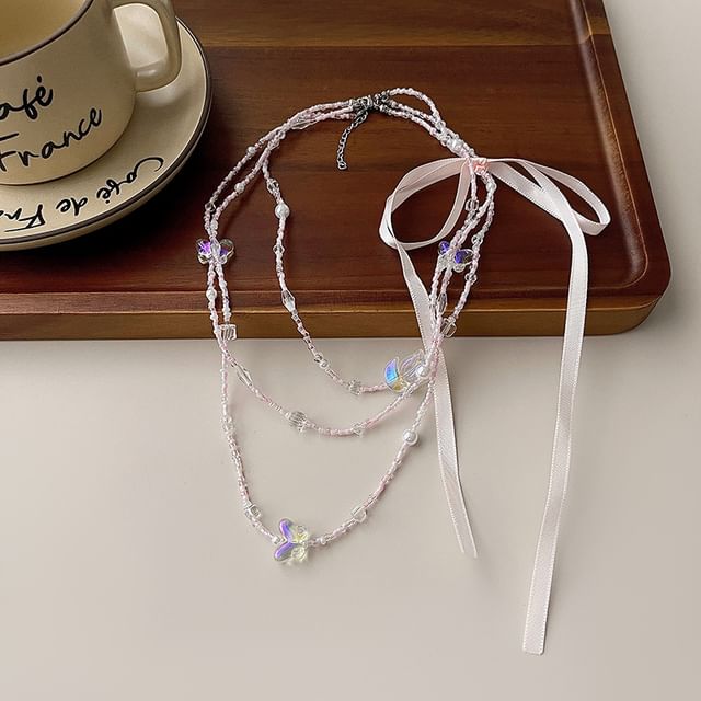 Necklace Bead Ribbon Layered Butterfly