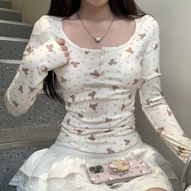 T-Shirt Bear Henley Long-Sleeve Print