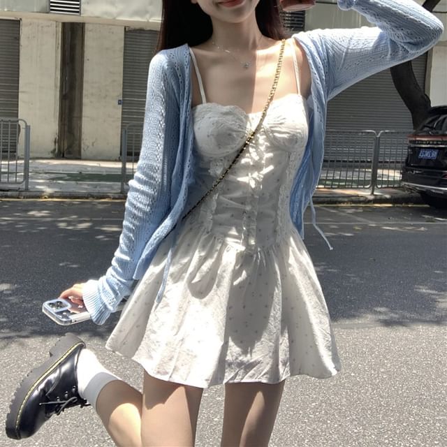 Dress A-Line / Spaghetti Ruffle Mini Print Floral Pointelle Cardigan Plain Strap
