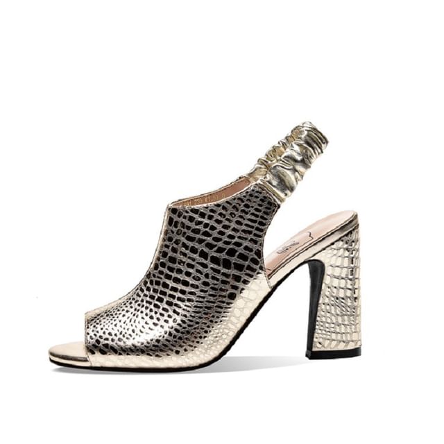 Faux Grain Chunky Peep Croc Heel Toe Sandals Leather