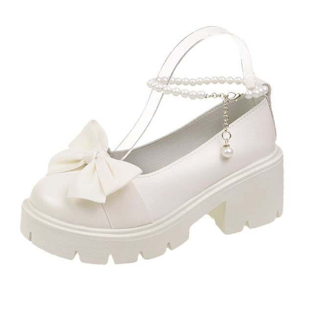 Ankle Strap Chunky Platform Loafers Heel Bow
