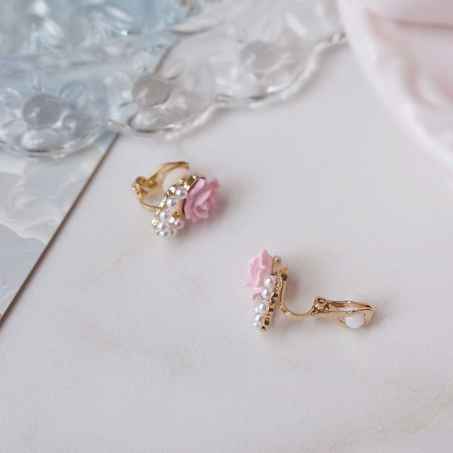 Faux Alloy Earring Stud Pearl Floral