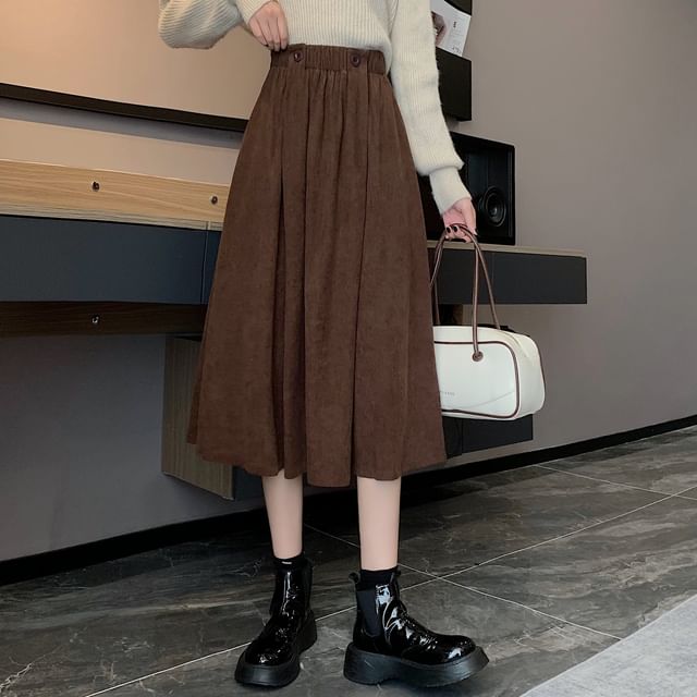 Elastic Midi A-Line Waist Skirt Pocket Plain