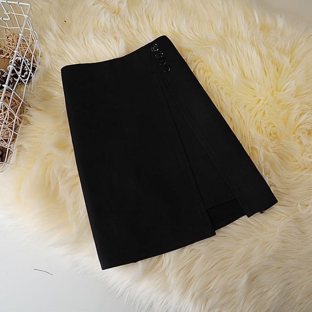 Mini Waist Skirt High Plain A-Line Button Panel