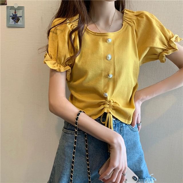 Short-Sleeve Knit Neck Button Plain Faux Square Pearl Drawstring Top