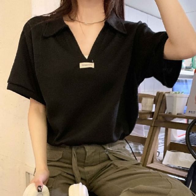 V-Neck Shirt Polo Short-Sleeve Applique Hem Drawstring