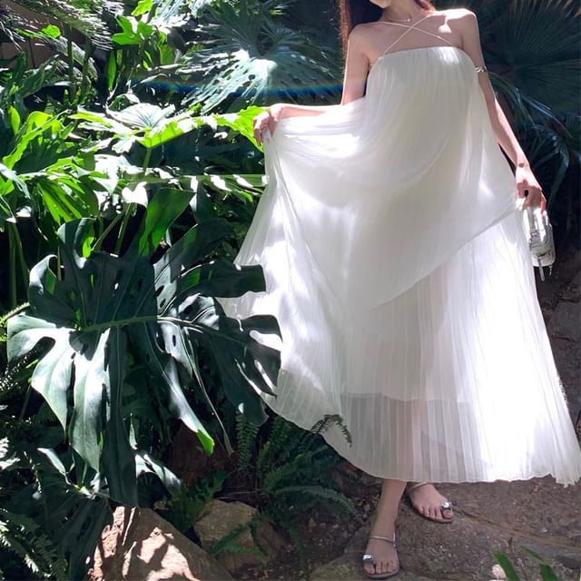 Dress Plain Pleated Spaghetti Strap Midi