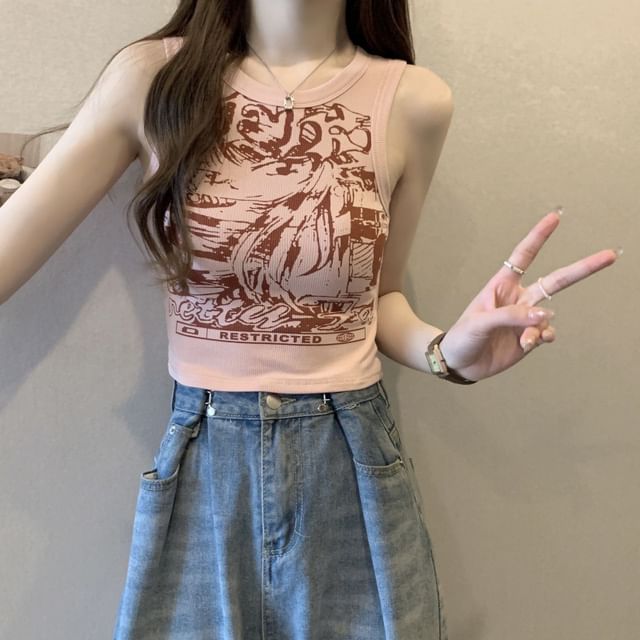 Tank Round Crop Graphic Top Print Neck