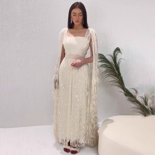 Gown Flared-Sleeve Sequin Sheath Evening